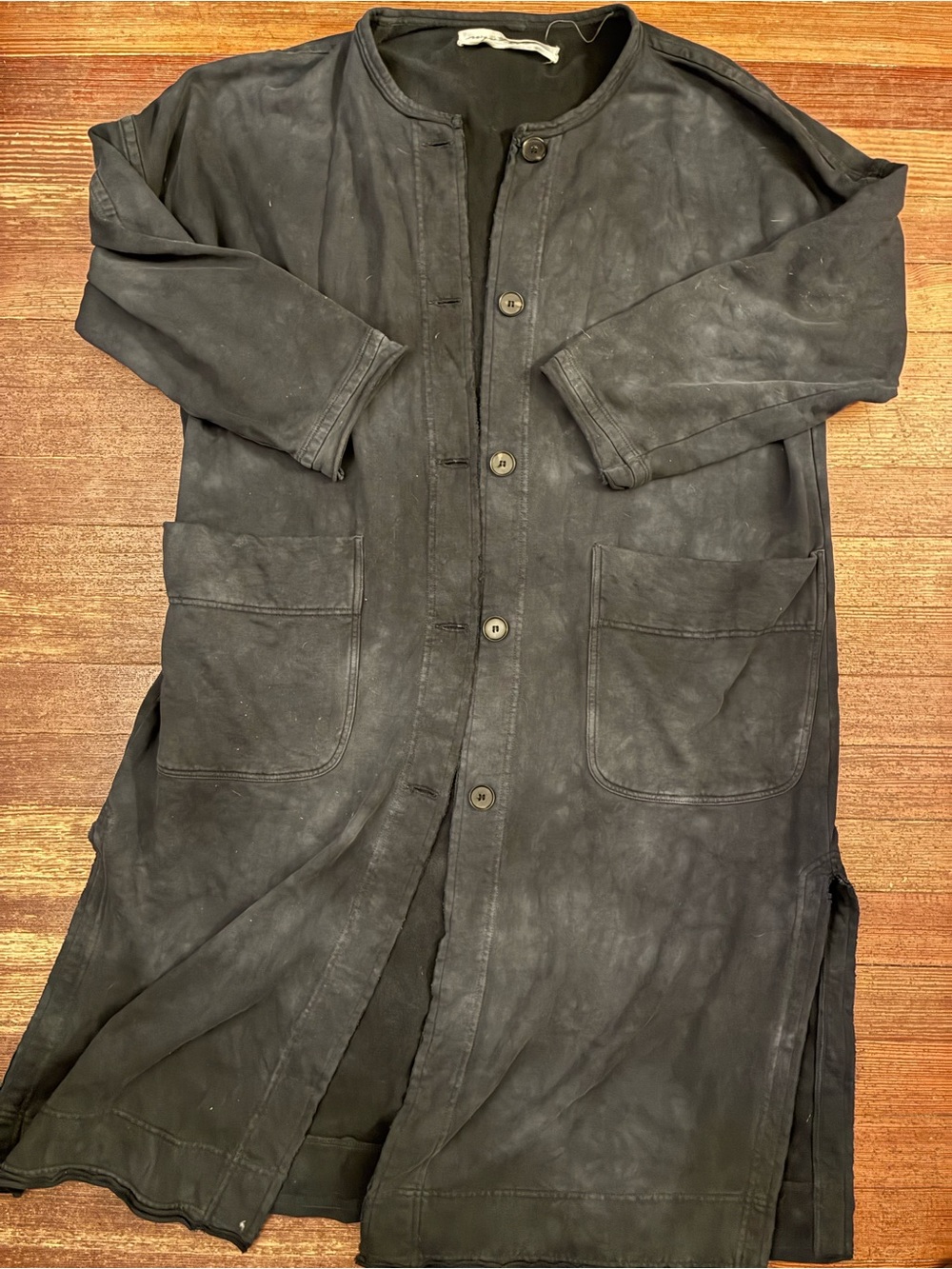 Raquel Allegra Size 2 Aged Black 100% Cotton Long Duster Chore Coat Made USA
